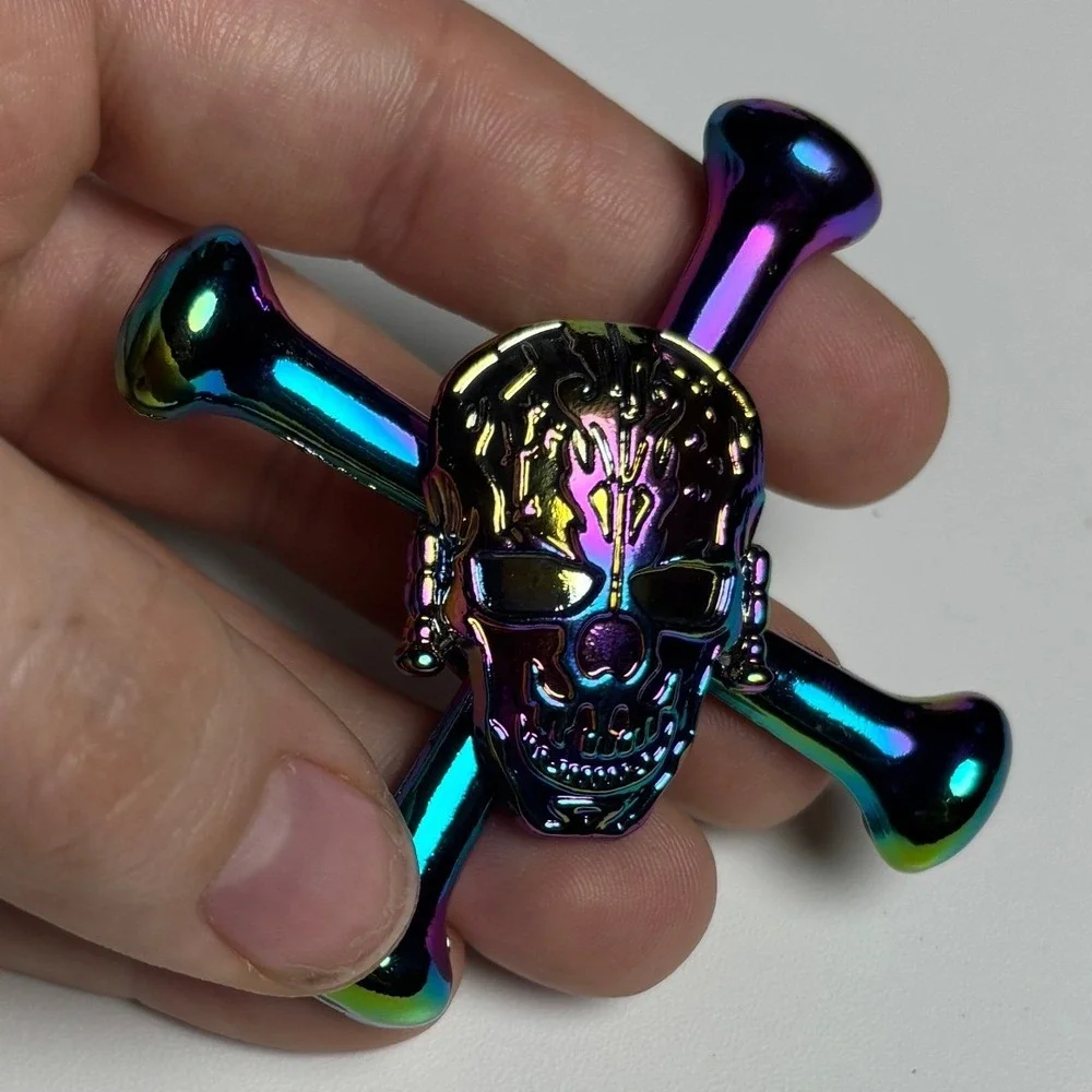 Iridescent‎ Skull and Crossbones Metal Fidget Spinner Rainbow Oil Slick Finish